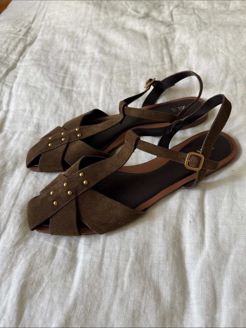 Zara Olive/Brown Suede Studded T-Strap Slingback Sandals - Picture 3 of 3